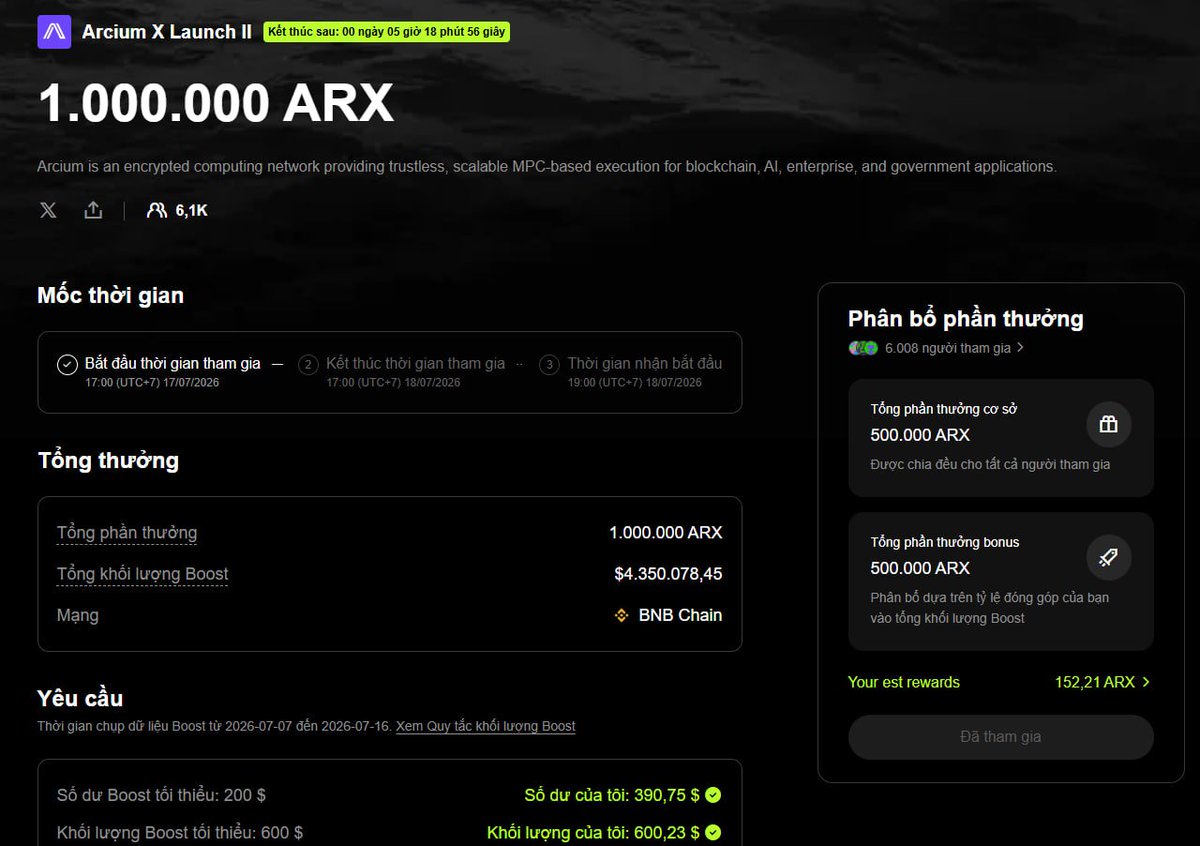 lamchii3107's tweet photo. Mỗi ví 24$ 

🚀 Ra mắt X mới: Arcium
🏆 Quỹ thưởng lên đến 1M $ARX
🕒 Thời gian (giờ Việt Nam):
🔹 Mở đăng ký: 17:00 ngày 17/07
🔹 Mở claim: 19:00 ngày 18/07 
Link tham gia: https://t.co/LTtcODuZDw https://t.co/ctebhPMxi1