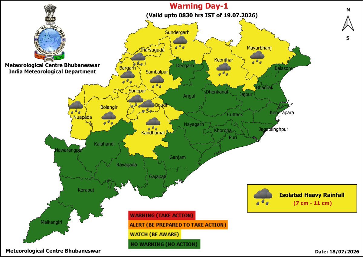 mcbbsr's tweet photo. Warning for the State.
Day-1 to Day-3 : Isolated Heavy Rainfall Warning.
Day-3 to Day-5 : Isolated Thunderstorm with Lightning and Gusty Wind Warning.
Day-6 &amp; Day-7 : No Warning.
#rainfall #weather #odisha #warning https://t.co/an01Ne5Fxy