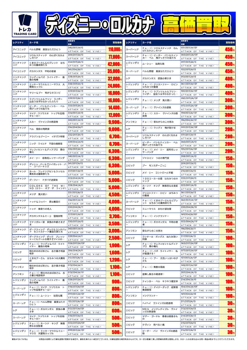 最新弾買取価格表 #ディズニーロルカナ ヴァインズ・アタック