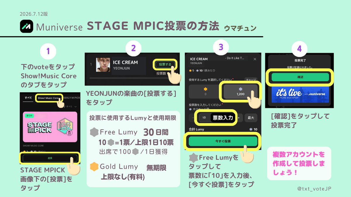 txt_voteJP's tweet photo. ／
📣拡散希望
MUSIC CORE(ウマチュン)放送後
STAGE MPICK投票スタートです‼️
＼

#YEONJUN ウマチュン🥇1位
おめでとうございます㊗️

#YEONJUN_IceCream に
もう1つの🏆を贈りましょう
出席するだけで🗳️可能な簡単投票
すべてのアカウントから🗳️を🔥

📌Muniverseから投票
🗓️7/18(土)17:00～7/23(木)12:00
⚠️🩶Free Lumy🗳️は毎日0:00リセット

・出席で獲得する🩶Free Lumyを使用
・1日につき100🩶獲得
・10🩶=1票
・1日につき1アカウント10票(100🩶)
・複数アカウント推奨
※有料の💛Gold Lumyも投票可能

🔻詳細は画像と引用ポストを参照
 
#NOLABELS_PART02
#TOMORROW_X_TOGETHER #TXT