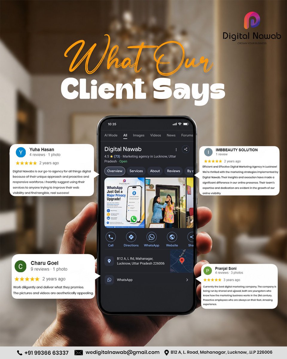 DigitalNawab's tweet photo. 💬 WHAT OUR CLIENTS SAY ABOUT DIGITAL NAWAB!

 Thank you to our amazing clients for trusting us to grow their brands digitally! 💻📈

📍 B12 A, L Road Mahanagar, Lucknow, U.P. 226006
📞 9936663337
📧 wedigitalnawab@gmail.com

#DigitalMarketingAgency #wearedigitalnawab https://t.co/BQbQmNin8I