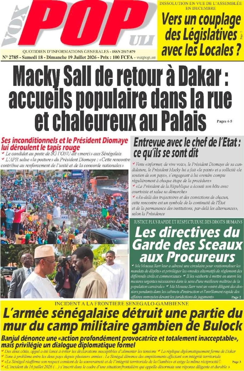 Mo_Njaay's tweet photo. #RevueDePresseSn du Samedi 18 au Dimanche 19 Juillet 2026. Agréable week-end à toutes et à tous. #Senegal,#SudQuotidien,#LeSoleilSn,#LibérationSn,#VoxPopuliSn https://t.co/QigITzg74L