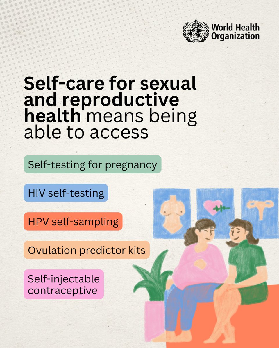 WHO's tweet photo. Self-care is also about increasing access to essential health services. 

When it comes to your sexual and reproductive health, it could mean access to:   
- HIV self-testing,  
- Self-testing for pregnancy 
- and more. 

A big part of self-care is also about having the tools and the right to make decisions about your own body — without barriers.