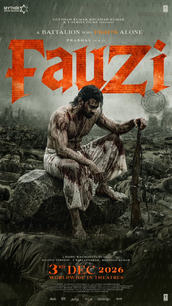 iamsrk17_'s tweet photo. The more I observe the #Fauzi poster, the more convinced I am that every single element has been placed with purpose. 

• "MOST WANTED SINCE 1932" 👀

This isn't just a stamp. It immediately raises one question...

What did this man do in 1932 that made him the "Most Wanted"?

One line... and we're already discussing his past.

• "अज्ञातपर्व ENDS"

This feels incredibly interesting.

It's almost like we're entering the story after an unseen chapter has already ended.

What happened before this?
Who was he before this moment?

The curiosity starts right there.

• The Janeyu (Sacred Thread)

Prabhas is wearing a Janeyu while standing in the middle of a brutal battlefield.

Traditionally, it symbolizes discipline, values, and spirituality.

Seeing that symbol amidst blood, war, and destruction creates a fascinating contrast.

It makes you wonder...

Is he a warrior?
A scholar?
A rebel?
Or all of them at once?

• The Battlefield

Nothing in the frame looks clean or heroic.

Smoke, dust, destruction, and exhaustion...

It doesn't glorify war.
It makes you feel its weight.

And then there's Prabhas...
Standing calm in the middle of all that chaos.

That silence speaks louder than action.

This is what I loved the most...

The poster doesn't reveal the character.

It makes you question him.

If one first-look poster can spark this many conversations...

Imagine the storytelling waiting on the big screen.

#Fauzi @hanurpudi @FauziTheMovie