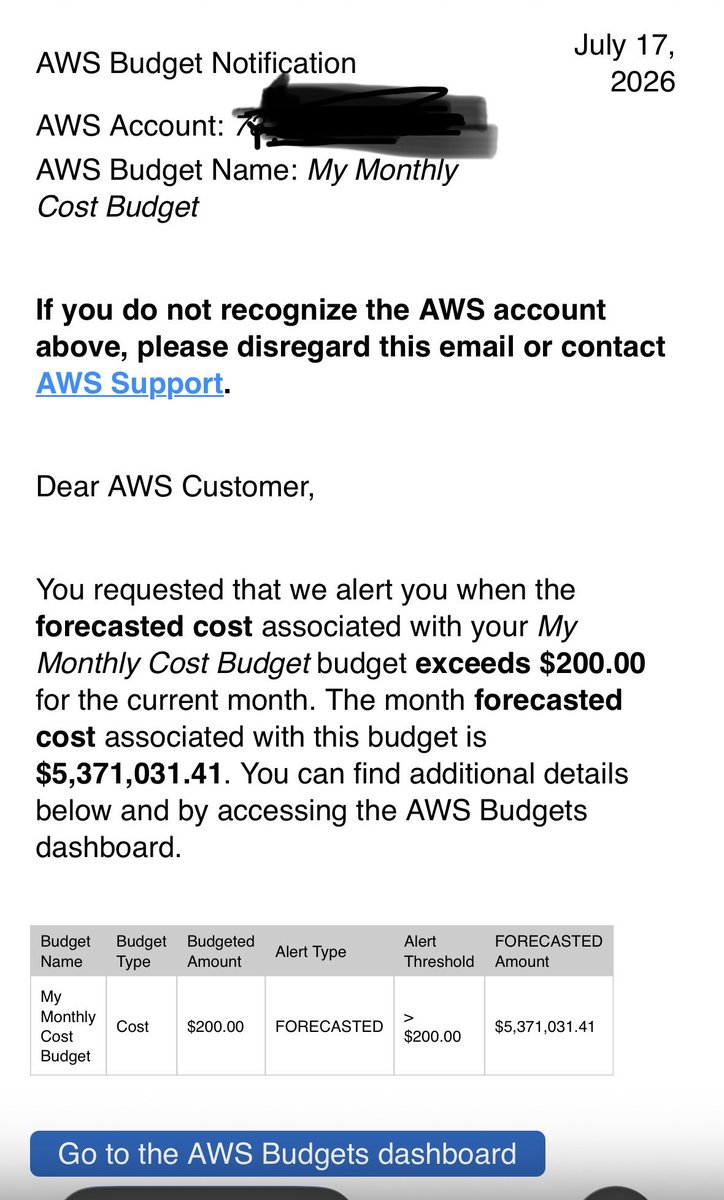 vinindco's tweet photo. ⁦@awscloud⁩ received continuous notification regarding AWS claiming to be in excess of $5M.
Initially thought it must be a spam email.
AWS console shown the Amount Spent $5,279,077.17
You almost gave heart attack.
Actuals < budget, Alert kills. https://t.co/5kmDkHDqkT