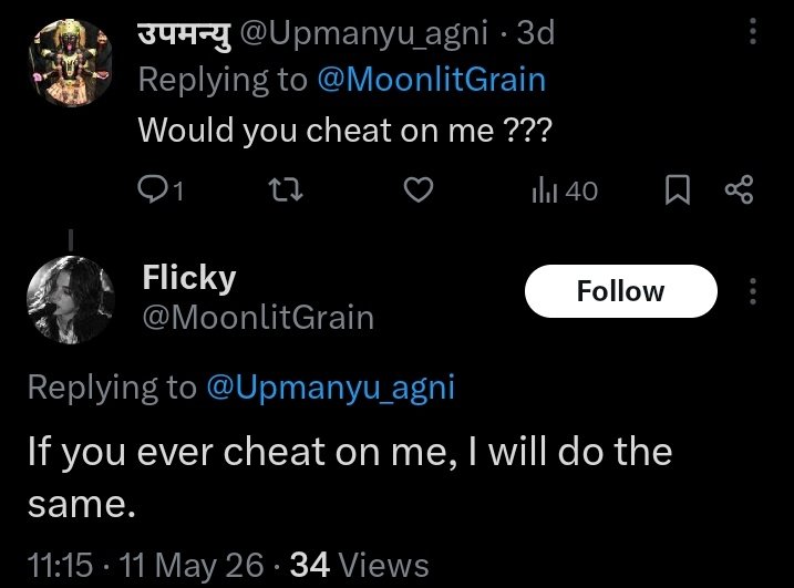 FragileEgoSlyer's tweet photo. So "Fighter Boy" was previously "Flicky" and was in a relationship with the front-runner incel, Upmanyu Agni. Yet @chadfoidslayer is crying over a few "hi/hello" comments while completely ignoring an actual relationship with another hindu man.

Meri hansi nahi ruk rahi. 🤣🤣 https://t.co/dfFNVcQ5Lx