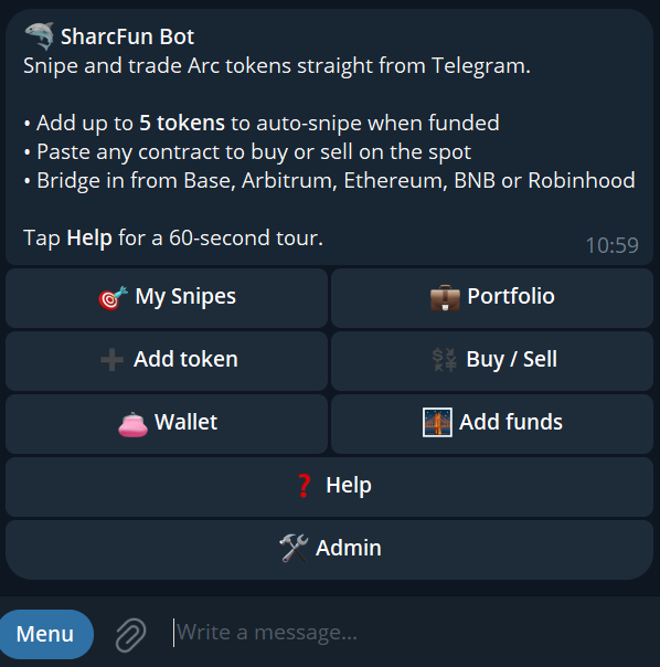 SharcFun's tweet photo. USDC available only through OTC right now, bridge is not live yet, and that's the purpose of building https://t.co/0Et5NS2xbg, you snipe token for now and fund your wallet with ETH or USDC in other chains like ETH, BSC, ROBINHOOD, ARBITRUM, BASE, our bot monitoring bridge status from https://t.co/vmPrnQv8td and relay, once it's live it will auto bridge your sniped amount and auto buy.

All automated.