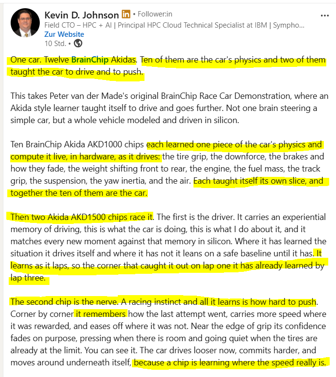 MIAM_Schwan's tweet photo. Update and details of the race car demo by Kevin D. Johnson/Field CTO #IBM. It explains how fantastic #Akida's on-chip memory works. 

Watch the updated video with sound: https://t.co/kukzIqQWht 
The race track even has brake marks 😁😍
@BrainChip_inc https://t.co/eHrmfAgPW3