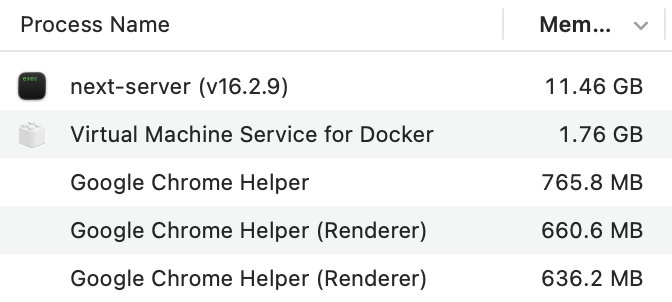 greatony's tweet photo. next.js eating 11.46 GB of RAM on my laptop... no wonder DRAM prices are spiking 😅 https://t.co/EabUVIOG0r