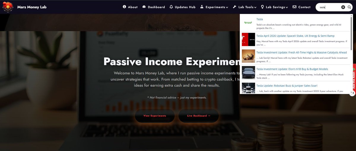 MarsMoneyLab's tweet photo. Just added live search to the site! 🔍

Now you can type anything (Tesla, Plutus, Bitcoin, matched betting, etc.) and results pop up instantly. No more digging through the menu on every page.

It's right in the top navbar for easy access everywhere. 

Check it out: https://t.co/u1iCGgUMOE