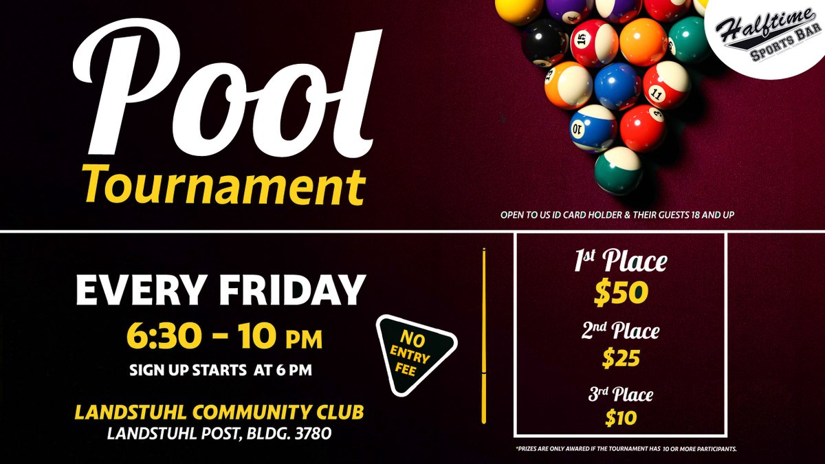 ktownmwr's tweet photo. 🎱 Join us every Friday at Landstuhl Community Club! Sign up 6 p.m., play 6:30. Ages 18+. Prizes: 🥇$50 🥈$25 🥉$10 MWR Gift Cards. Call 06371-86-7244.
https://t.co/64XZXa1Ym2
#ArmyMWRCares https://t.co/5skqXD7L3m