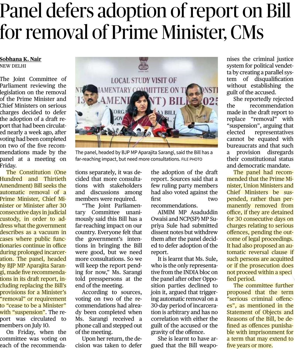 UPSC_Solulu's tweet photo. ๐ข๐ฑ Panel defers adoption of report on Bill for removal of Prime Minister, CMs.
SOURCE-TH
#UPSC #BPSC #UPPCS #UPSCPrelims #UPSCMAINS #upscguide #upscaspirants #upsc_mains #Editorials #Constitution #DelimitationCommission https://t.co/ok4fDgZX8v
