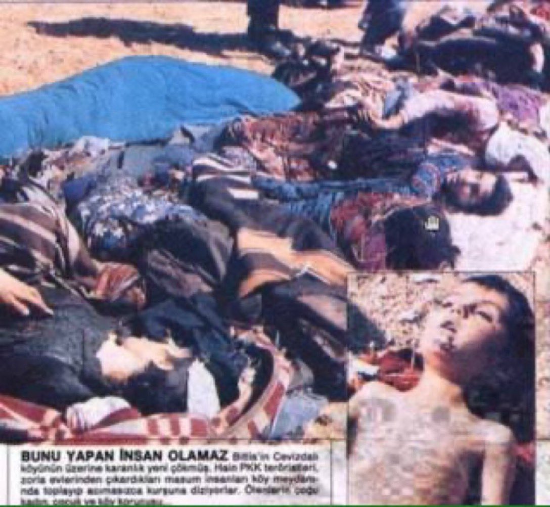 FiiTarih's tweet photo. 1992’de Bitlisin Cevizdalı köyü tarihte eşi zor rastlanır bir katliama sahne oldu.

100 PKKlı köye baskın yaptı. Korucuların silahlarını bırakmaları istendi.

Korucular silahları bıraktıktan sonra halk meydana gönderildi. 10’u çocuk, 14’ü koy korucusu 30 sivil orada katledildi. https://t.co/fkDJ7Y6AhQ