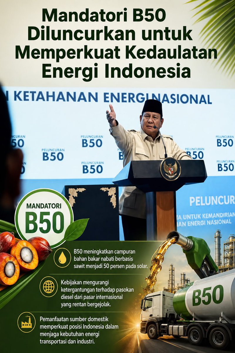 gamalielfabian_'s tweet photo. Mandatori B50 menjadi langkah strategis untuk meningkatkan pemanfaatan energi berbasis sumber daya dalam negeri dan memperkuat kedaulatan energi Indonesia.
#B50 #EnergiNasional #KedaulatanEnergi #jagaindonesia
#dialogbukankonfrontasi https://t.co/wPYpXKy0Jf