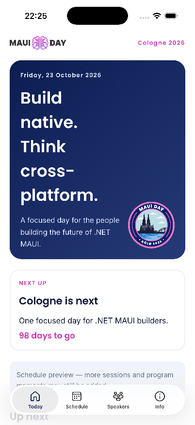 jfversluis's tweet photo. One shot with GitHub Copilot Desktop: @mauiday event app with data coming from Sessionize, branding taken from the website, used MAUI DevFlow so that the agent could self-verify and adjust.

Is it perfect? Not yet, but also I could not have done this in the time Copilot did. https://t.co/N408ilpP3O