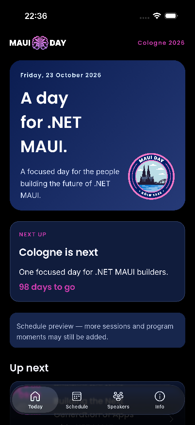 jfversluis's tweet photo. One shot with GitHub Copilot Desktop: @mauiday event app with data coming from Sessionize, branding taken from the website, used MAUI DevFlow so that the agent could self-verify and adjust.

Is it perfect? Not yet, but also I could not have done this in the time Copilot did. https://t.co/N408ilpP3O