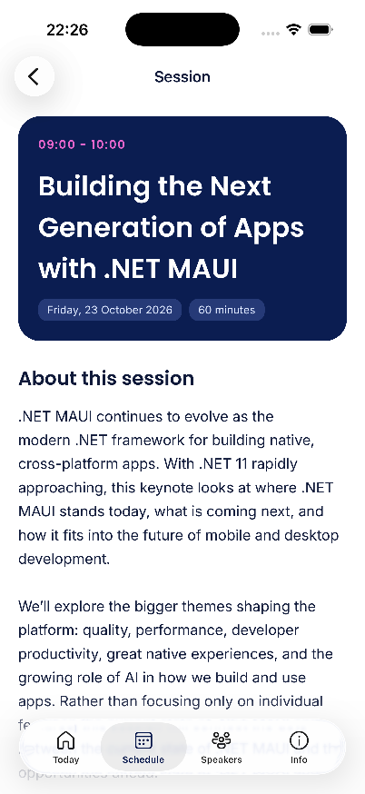 jfversluis's tweet photo. One shot with GitHub Copilot Desktop: @mauiday event app with data coming from Sessionize, branding taken from the website, used MAUI DevFlow so that the agent could self-verify and adjust.

Is it perfect? Not yet, but also I could not have done this in the time Copilot did. https://t.co/N408ilpP3O