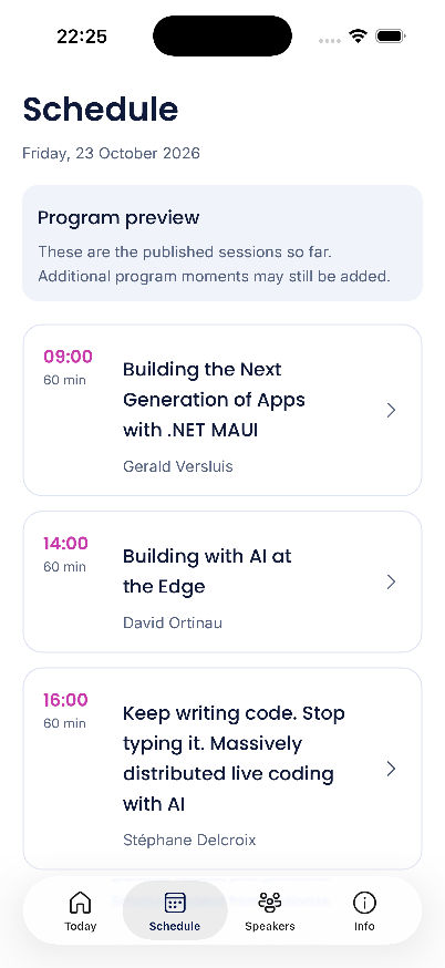 jfversluis's tweet photo. One shot with GitHub Copilot Desktop: @mauiday event app with data coming from Sessionize, branding taken from the website, used MAUI DevFlow so that the agent could self-verify and adjust.

Is it perfect? Not yet, but also I could not have done this in the time Copilot did. https://t.co/N408ilpP3O