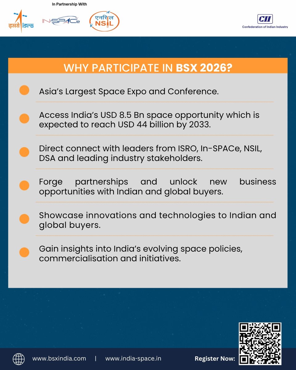 cii4nr's tweet photo. Global partnerships. Limitless possibilities.

Leading country participation come together at #BSX2026 to drive collaboration and innovation.

📍 𝐁𝐈𝐄𝐂, 𝐁𝐞𝐧𝐠𝐚𝐥𝐮𝐫𝐮 || 📅 7–9 𝐒𝐞𝐩𝐭𝐞𝐦𝐛𝐞𝐫 2026

For Visitor Registration: https://t.co/6fBxBRfQNh
For more details about conference, visit: https://t.co/rFEKceLYAn

#BSX2026 #SpaceIndustry #ISRO #Innovation #InternationalCooperation

@bsxindia