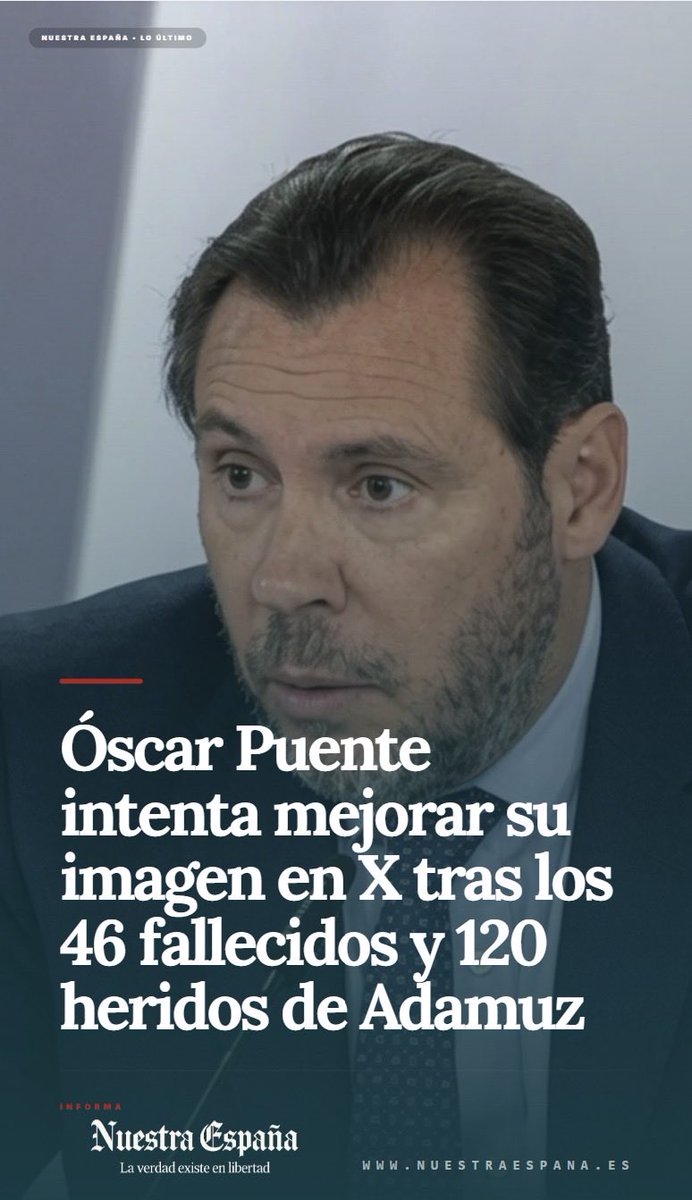 esnuestraespana's tweet photo. 🟥Los perros son familia pero seguimos sin respuestas del accidente de familiares...
Óscar Puente intenta mejorar su imagen en X tras los 46 fallecidos y 120 heridos de Adamuz
👉https://t.co/h3bZ6NsBER
¡Síguenos para más noticias!
#perrosrenfe #Adamur #OscarPuente https://t.co/HWEj7gTqhj