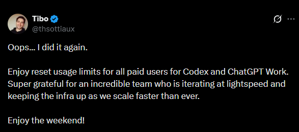 Ananth7e's tweet photo. if you want a claude reset, you ask tibo

if you want a codex reset, you ask tibo.

he doesn't work at anthropic but your claude resets depend on him. https://t.co/yIl3rIaxLx