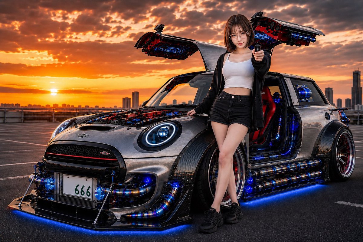 yozuki_house's tweet photo. 【Official MINI JCW × DeLorean Time Machine Concept RS】
「あと配管3本くらい増やせるよね？」
その一言で全部おかしくなった😂
純正の可愛さはそのまま。
中身は変態級。
チタン配管、ガルウイング、ナンバーは「666」。
玲那ちん、今日も魔改造中🛠️💙
#AI生成 #MINI #MINIJCW #DeLorean #魔改造 https://t.co/7ETyZ5krTT