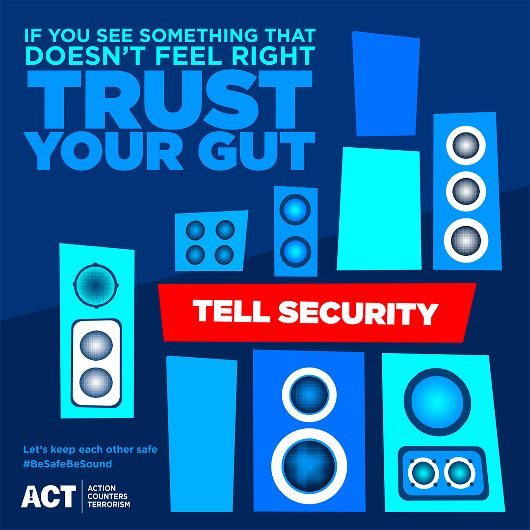 OVOHydro's tweet photo. ⚡️ Security checks are in place to keep you safe ⚡

If you spot something that doesn’t feel right, trust your gut and report it to security staff straight away.

Follow advice from Counter Terrorism Policing and #besafebesound https://t.co/doCcb1TtQ6