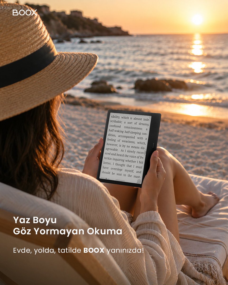 OnyxBooxTurkey's tweet photo. Yaz Boyu Göz Yormayan Okuma Keyfi! 🌊🕶️
Göz yormayan ekran teknolojisiyle, sahilde güneşin altında bile kesintisiz okuma deneyiminin tadını çıkarın.
🌐 https://t.co/YpuQBLavau
#ElektronikKitap #eKitapOkuyucu #KitapKurdu #YazOkumaları #TatilKeyfi https://t.co/A4MycAExZy