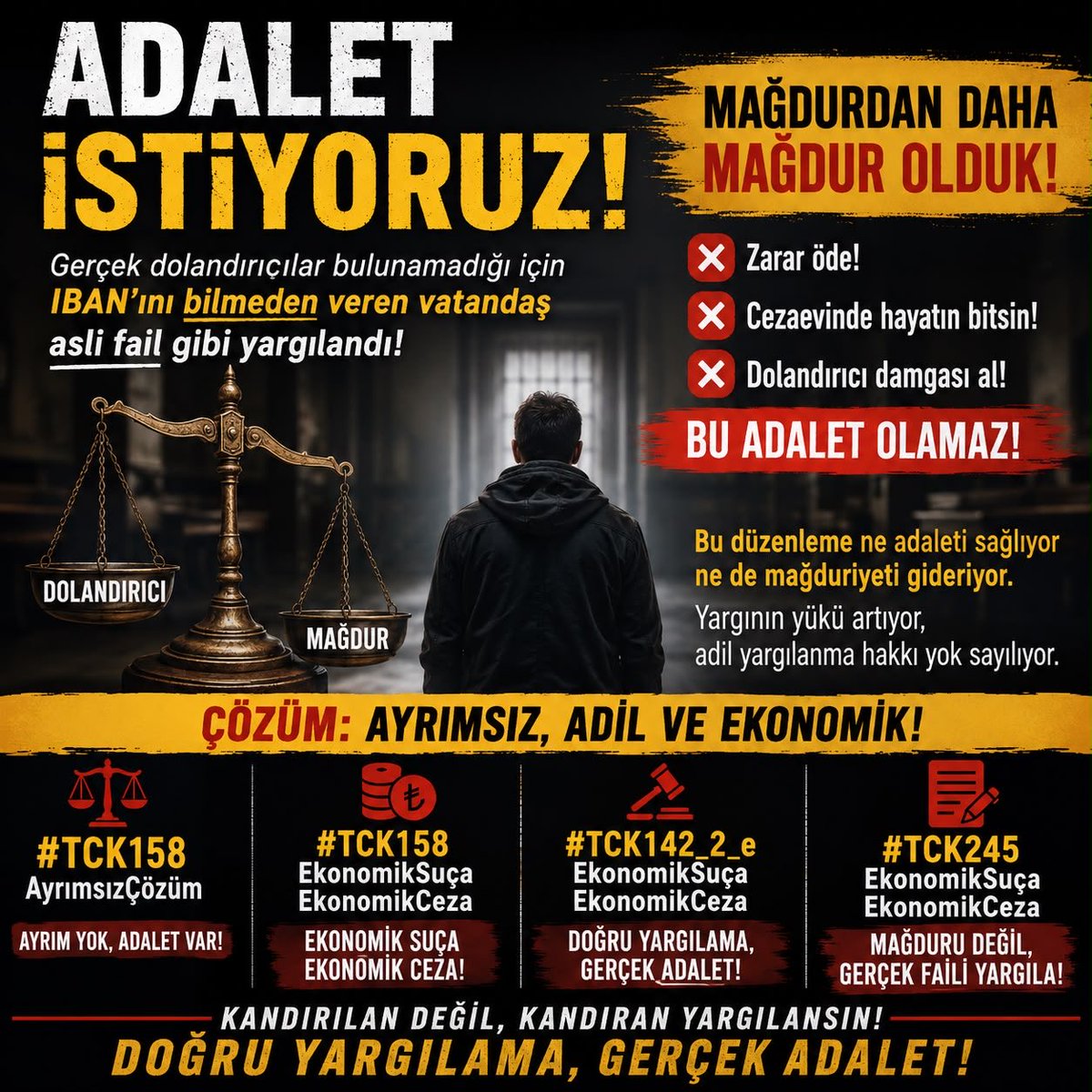 trebru123's tweet photo. 🚨Sayın milletvekilleri, bugün “asli fail–feri fail ayrımı yapılacak” diyorsunuz. Peki yıllardır gerçek dolandırıcılar bulunamadığı için, IBAN’ını dolandırıcılıkta kullanılacağını bilmeden veren binlerce vatandaş neden asli fail gibi yargılandı?

📌Madem bugün bu insanların mağdur olduğunu kabul ediyorsunuz, neden çözüm olarak sadece ceza indirimi ve zarar ödemeye dayalı bir düzenleme getiriyorsunuz? İnsanlar hem maddi zararı karşılamaya zorlanıyor, hem ceza alıyor, hem de “dolandırıcı” damgasıyla yaşamaya mahkûm ediliyor.

📌Bu düzenleme ne adaleti sağlıyor ne de mağduriyeti gideriyor. Üstelik yeniden yargılamalarla yargının yükünü daha da artıracak. Biz ayrıcalık değil, doğru ve adil yargılama istiyoruz. Gerçek failler bulunsun, kandırılan vatandaşlar değil.

   #TCK158AyrımsızÇözüm
#TCK158EkonomikSuçaEkonomikCeza 
#TCK158 #TCK142 #TCK245

@cuneytyuksel_ @AvOrhanKIRCALI @Emine_Gozgec16 @avoguzhankaya @_hakanolgun @avidrissahin @AliyeCosar @avsbulbul @avomerozmen @av_nurettinalan @avsengulk @ttaskinozer @avSelmanEser @chpatakanunver @huluay @Avkthalilozturk @bulenttufenkci @gizemozcanchp @CumhurUzun48 @dilankuntayan @newroz_uysal @AvMustafaArslan @fahrettintgrl64 @zulkuf__ucar @saffetbozkurt67 @inanakgunalp @abakingurlek @AbdullhAydgdu @avsedatayyldz @Hayati_Yazici @ceyhanburakab @TCCBHPK @hasandogan @orhankrkrt @mehmetucum @Cemduranuzun @Hakan_cavusoglu @mkoca66 @MSErdinc @salihcora @TalatCANBOLAT @yucelacer @avabdullahguler @abdulhamitgul @mahirkilicc @TBMMresmi @Akparti