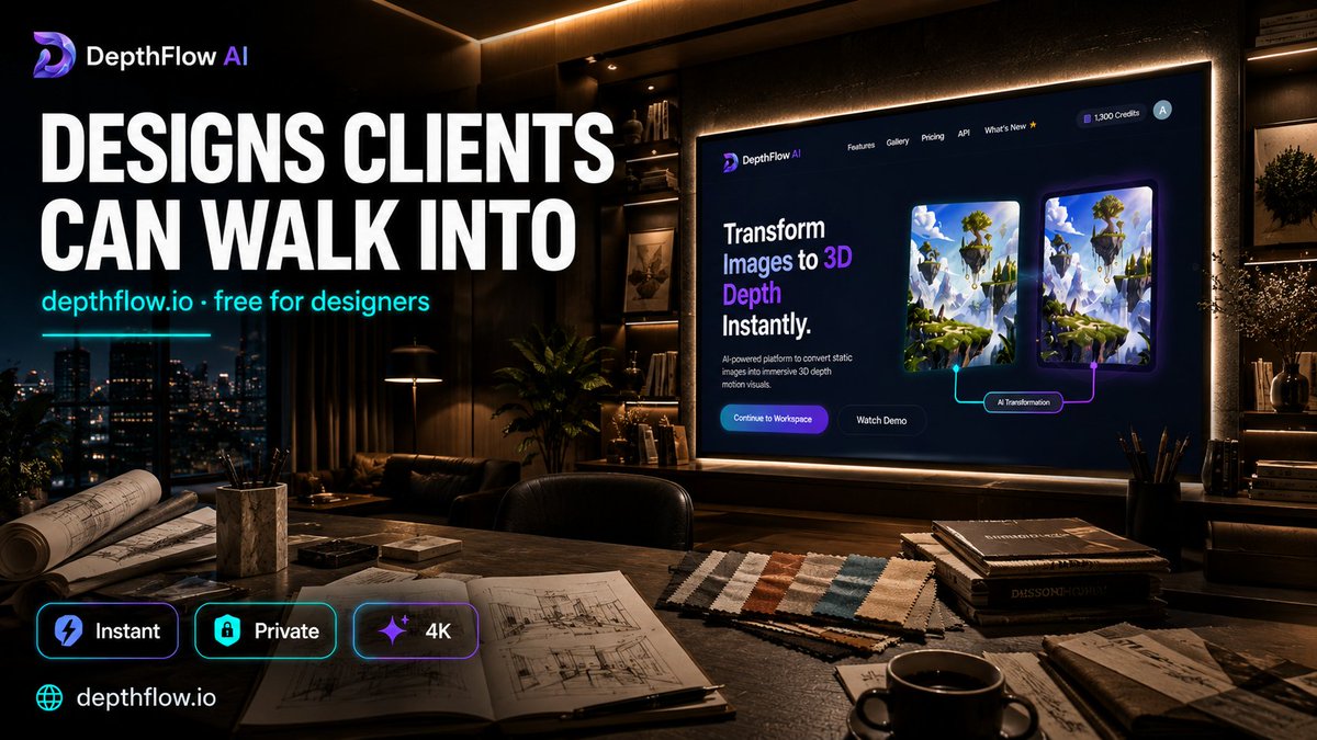 depthflow_ai's tweet photo. Interior design tip:

Don't just show clients a room photo. Show them a 3D walkthrough they can feel.

DepthFlow turns any interior shot into cinematic depth. Free. 10 seconds.

https://t.co/4BPNKaBp1X 🛋️🌊

#InteriorDesign #DepthFlow #AITools https://t.co/vsSURTfgeT