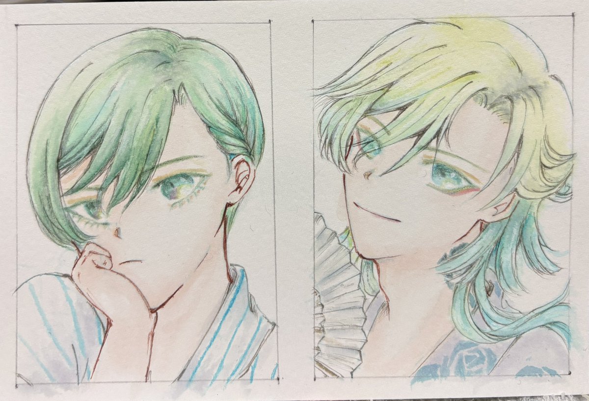kochi5415's tweet photo. ATC（アーティスト トレーディング カード）サイズで描いたrnちゃんとkis。今回、目の線画を描かずに直接色を入れてます。

男性の花柄の浴衣ってないよね。って言うポスト？話？をみてkisに仕立ててみました。
如何でしょうか？

久しぶりのアナログなので、小さいサイズから再開！！ https://t.co/A3bYM3zyjp
