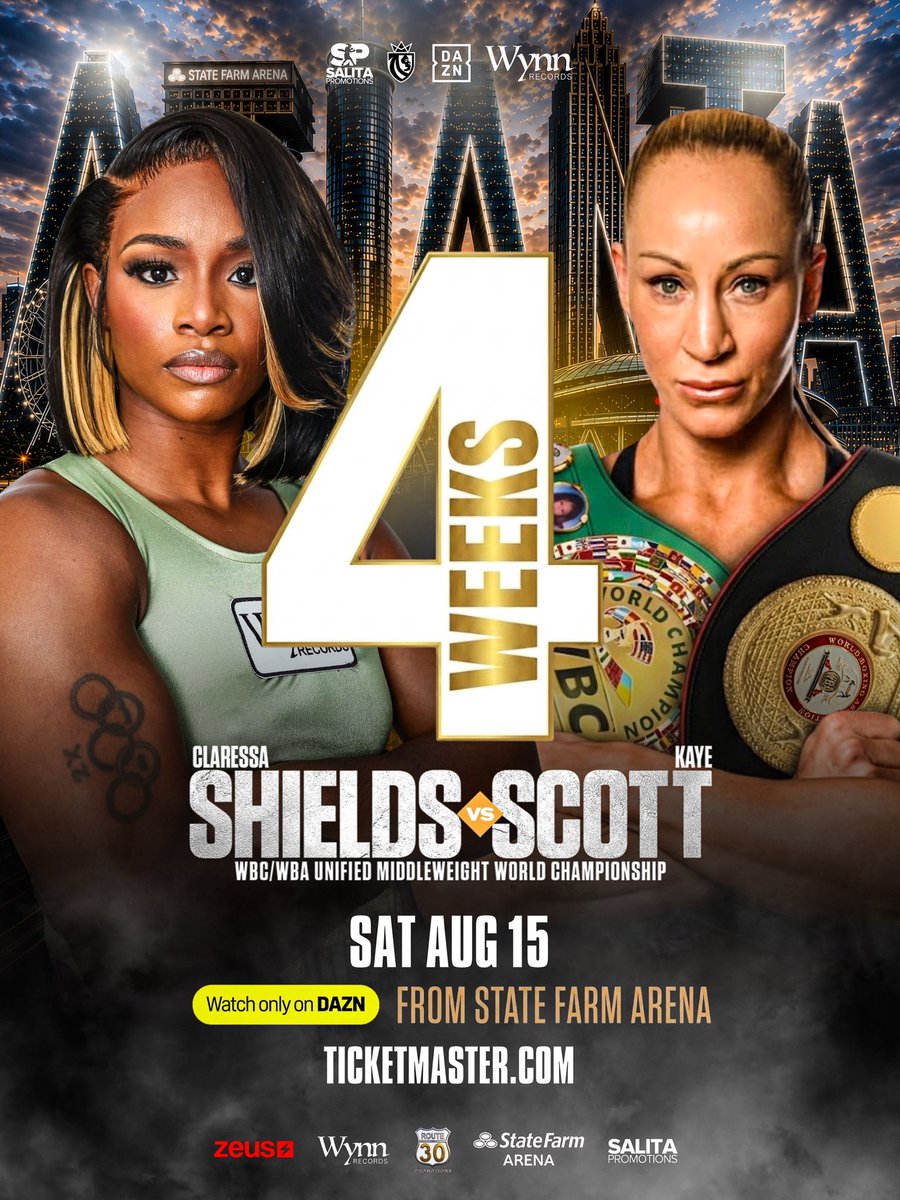 SalitaProm's tweet photo. ๐จFOUR WEEKS OUT๐จ
The GWOAT, @Claressashields returns to the middleweight division to challenge Australiaโs unified WBC & WBA World Champion Kaye Scott.
๐
Saturday, Aug. 15
๐๏ธ State Farm Arena, Atlanta
๐บ Live on @DAZNBoxing
๐๏ธ Tickets: Link in Bio
#ShieldsScott https://t.co/LwcuQyV6jO