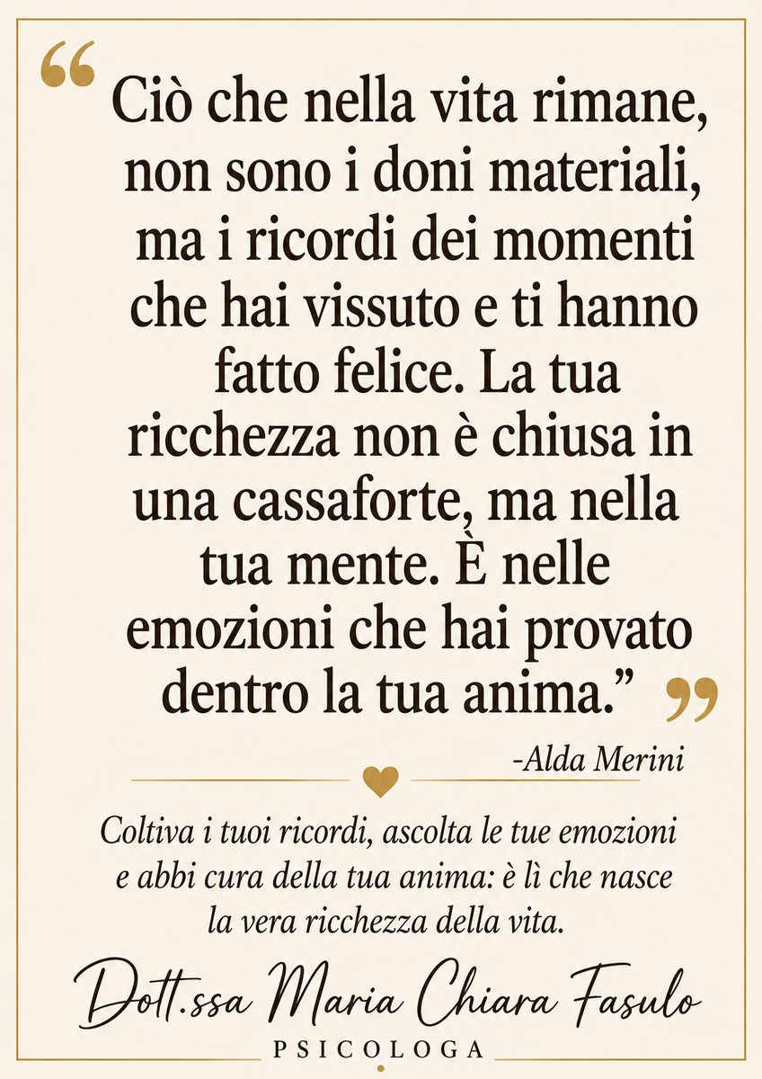 FasuloChiara's tweet photo. La vera ricchezza non risiede in ciò che possediamo, ma nelle emozioni e nei legami che costruiamo. Sono i ricordi a definire chi siamo e a nutrire la nostra anima.
​E a voi, quale ricordo scalda il cuore ancora oggi? ❤️
​#Psicologia #Benessere #Ricordi #Consapevolezza https://t.co/jwdNPMeYIv