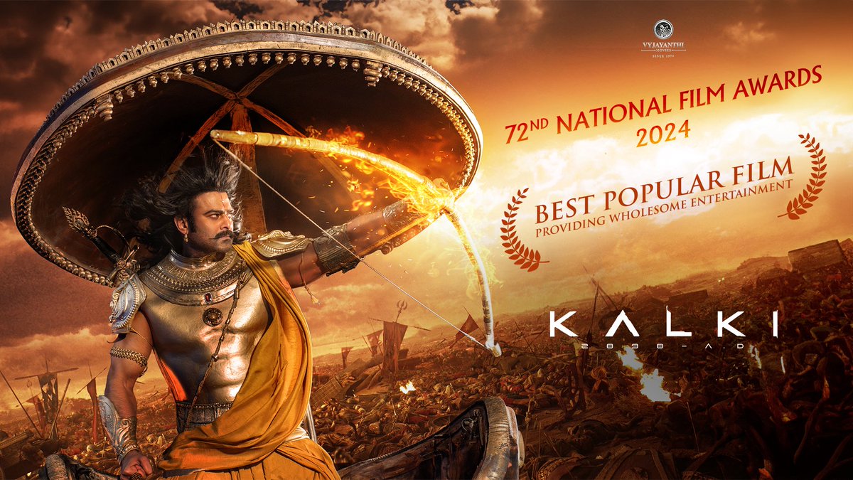 VyjayanthiFilms's tweet photo. A DREAM. A JOURNEY. 
A celebration of CINEMA. ❤️‍🔥

Team #Kalki2898AD is immensely honoured to receive the 72nd National Award for Best Popular Film Providing Wholesome Entertainment.

We extend our heartfelt gratitude to the esteemed jury of #72ndNationalFilmAwards for recognizing our efforts and embracing our journey with so much love. 🙏
