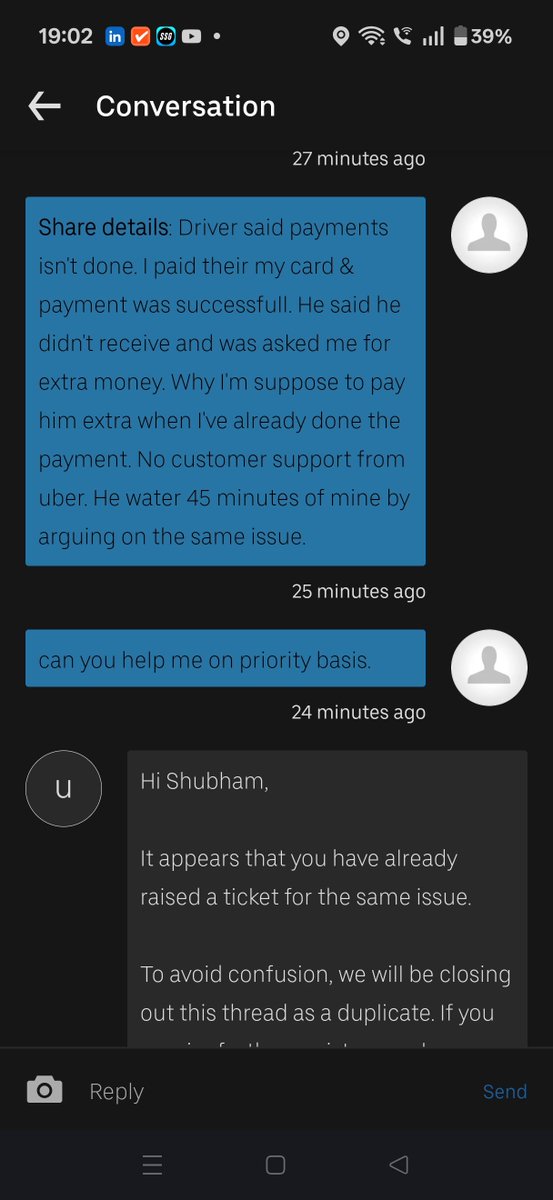 32Shubham's tweet photo. Is there a way to reach out @Uber_India @Uber in case of emergency situation like these when you really want to talk to a customer care representative in real other than grilling your brain through unhelpful chat support. Frustrated &amp; disappointed with this kind pathetic service https://t.co/l8qFIJL1z8