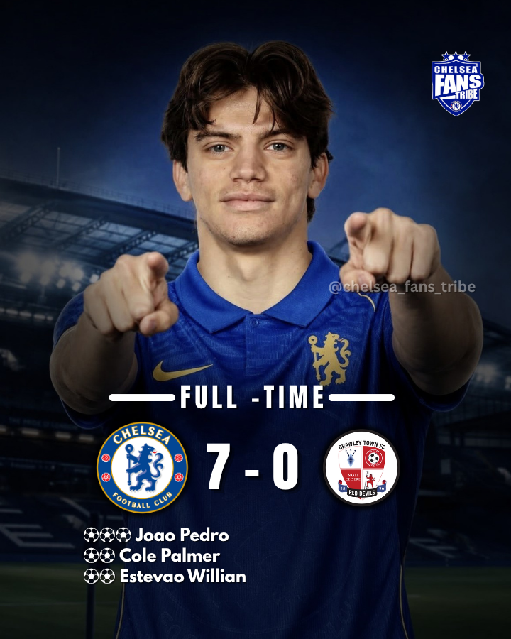 CFCfanstribe's tweet photo. ⚽🚨 FULL TIME ✅ 

CHELSEA 7 - 0 CRAWLEY TOWN 

Chelsea beat League Two side Crawley Town 7-0 in a friendly at Cobham Training Centre today.🔥💣

⚽️⚽️⚽️ João Pedro
⚽️⚽️ Estêvão Willian
⚽️⚽️ Cole Palmer

🅰️🅰️ Marco Palestra
🅰️ Romeo Lavia

ALONSO BALL , JUST GETTING STARTED ⏳🔥 https://t.co/8DbW4GfVt3