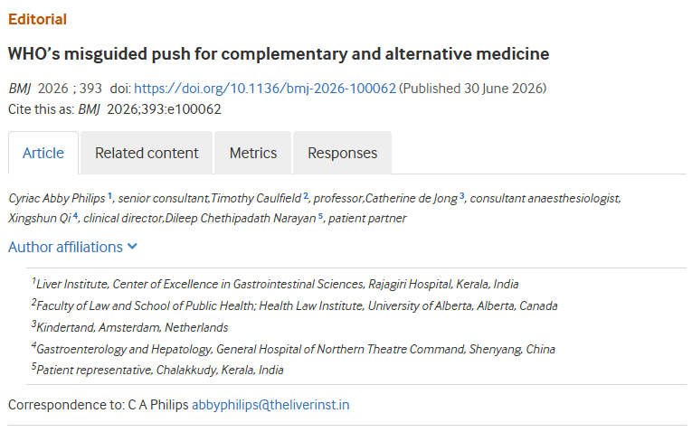 theliverdoc's tweet photo. Dear friends, if you have missed this, our invited Editorial for the BMJ is flaming hot now. Thousands of reads and nearly 19 (accepted ones) detailed Rapid Responses, mostly from Indian Ayurvedic industry and practitioners; and from developing/under-developed countries where traditional medicine is "belief" without "evidence" - because when there is no data, "faith" works for those who are not scientifically temperamental. 

Please read our article. It is creating lot of buzz globally and has struck where it has to: https://t.co/kWPdRNSUbp  + @CaulfieldTim @Cath77777 

Please go through the Rapid Responses here 
https://t.co/dwmi1NoDab
Some are logical responses and concerns, and we will be sending in author replies to those, while most others are wholly AI generated beautiful chaos. While others, really made us chuckle (because there seems to be a lot of whataboutery and logical fallacies that are unmissable) because the existential crisis of the alternative medicine industry and practitioners and stakeholders was palpable.

You can also reply to those responses or read our paper and send us your thoughts/ opinions here:
https://t.co/0FVQhY2A4M

Please share our work. WHO has (without consensus) renamed Complementary and Alternative Medicine (CAM) to Traditional, Complementary and Integrative Medicine (TCIM) to falsely legitimize and promote propaganda to brainwash people into thinking that alternative medicine has a place in healthcare (in the form of integrative medicine) - but it does not. 

CAM is still the right term, because TCIM is still CAM.