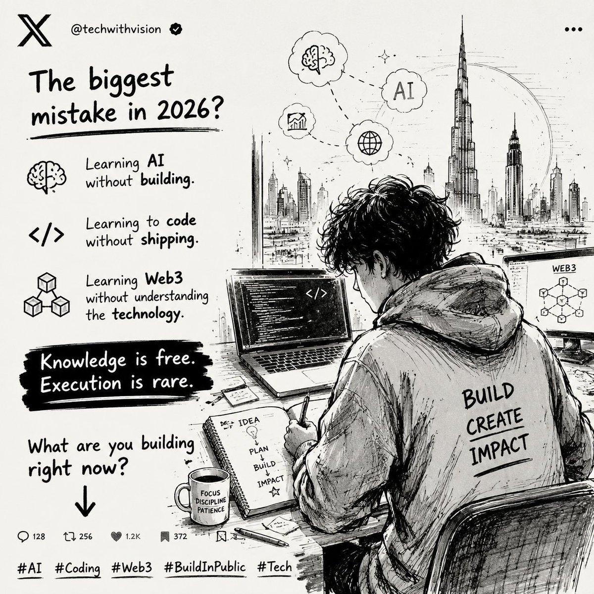 MdAsifSorder's tweet photo. The biggest mistake in 2026?

Learning AI without building.

Learning to code without shipping.

Learning Web3 without understanding the technology.

Knowledge is free.
Execution is rare.

What are you building right now? 👇 https://t.co/lkGDPjSrXa
