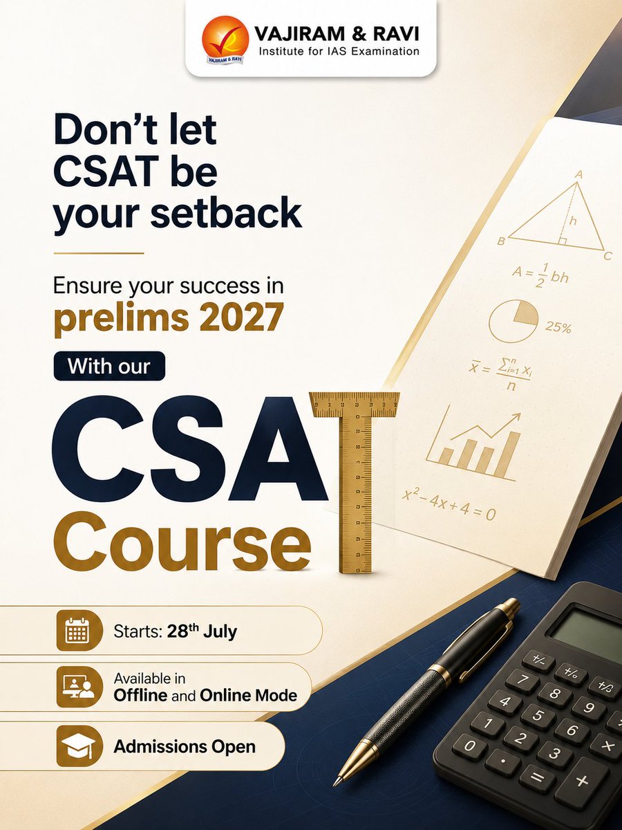 VajiramRavi's tweet photo. Build strong fundamentals, improve problem-solving skills, and master CSAT with Vajiram &amp; Ravi's comprehensive CSAT Course for Prelims 2027.

📅 Starts: 28th July
🎓 Admissions Open

📞 For more details, contact us at: 080-622-063-30

#CSAT2027 #UPSCPrelims2027 https://t.co/b95GMQwzyB