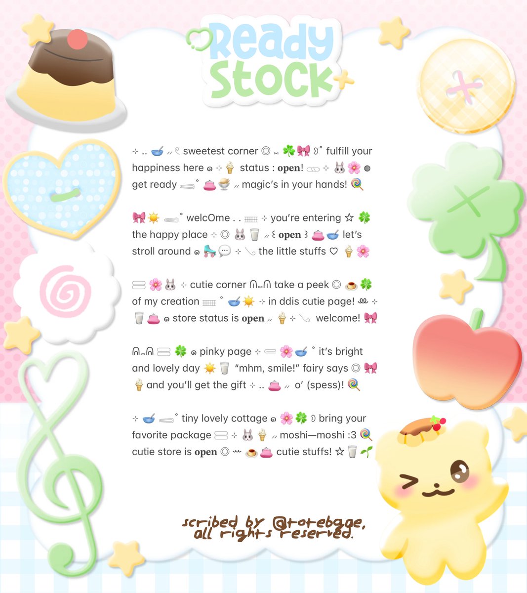 totebgae's tweet photo. help rt, please? thankiies! ♥︎% 

𖦹 ⊹ 🐰🍀 . . g’day, heavenlings! ⿻ 🎀☀️ ˚ ⸝⸝ aku punya 10 wording bio ♡ 🥣 ⊹ 𓏲 dengan prici : Rp3.500! 𓈄 ˚ 🍦👛 check ALT for more details &amp;&amp; @ me after dm! ୨୧ 🍮

— 🌸 : #bealanja ! https://t.co/iksaZ5ticw