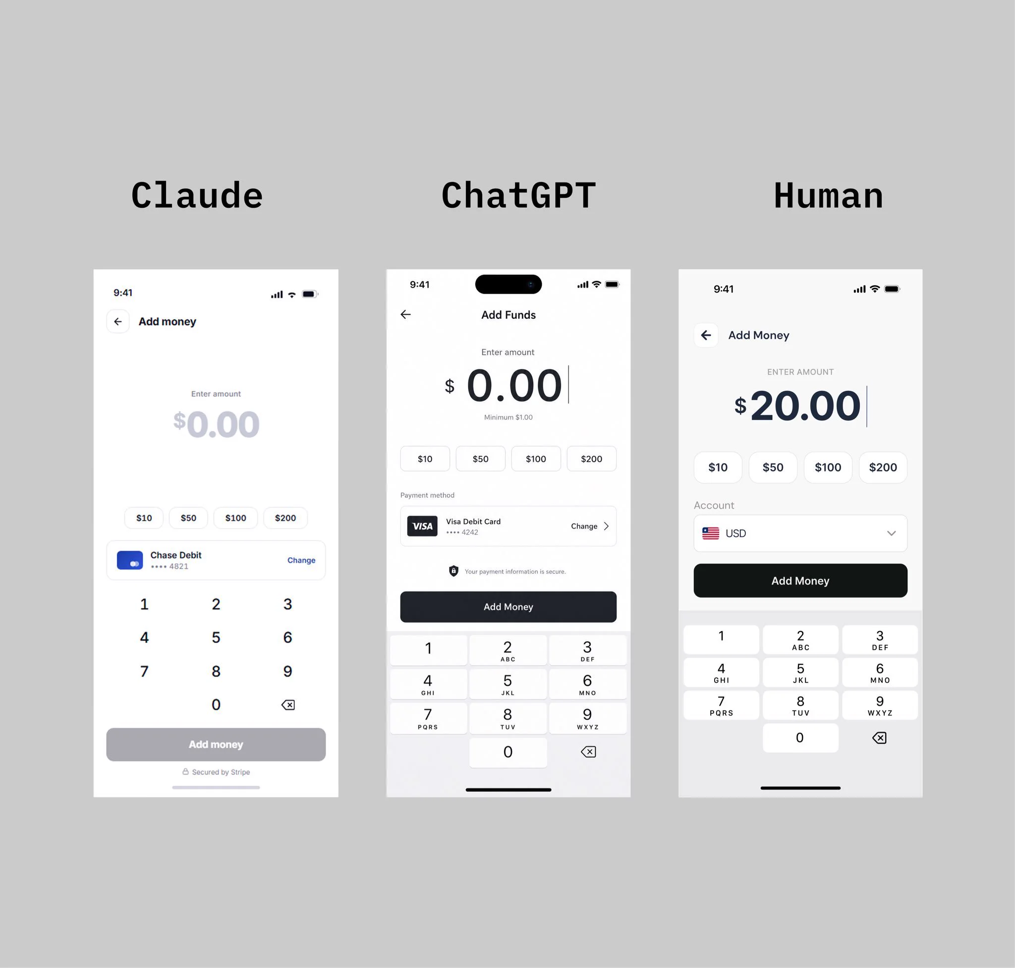 송금 충전 화면 3종 비교 — 모바일 금액 입력 UI