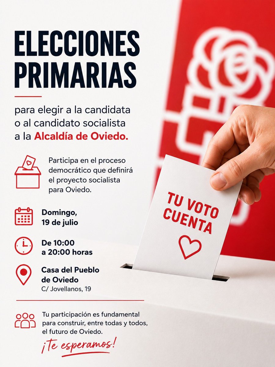 psoe_oviedo's tweet photo. 🗳️ Mañana se celebra la jornada de votación de las elecciones primarias para elegir a la candidata o al candidato socialista a la Alcaldía de Oviedo.

📅 Domingo, 19 de julio
🕙 De 10:00 a 20:00 horas
📍 Casa del Pueblo de Oviedo (C/ Jovellanos, 19) https://t.co/pJIChHqpWw