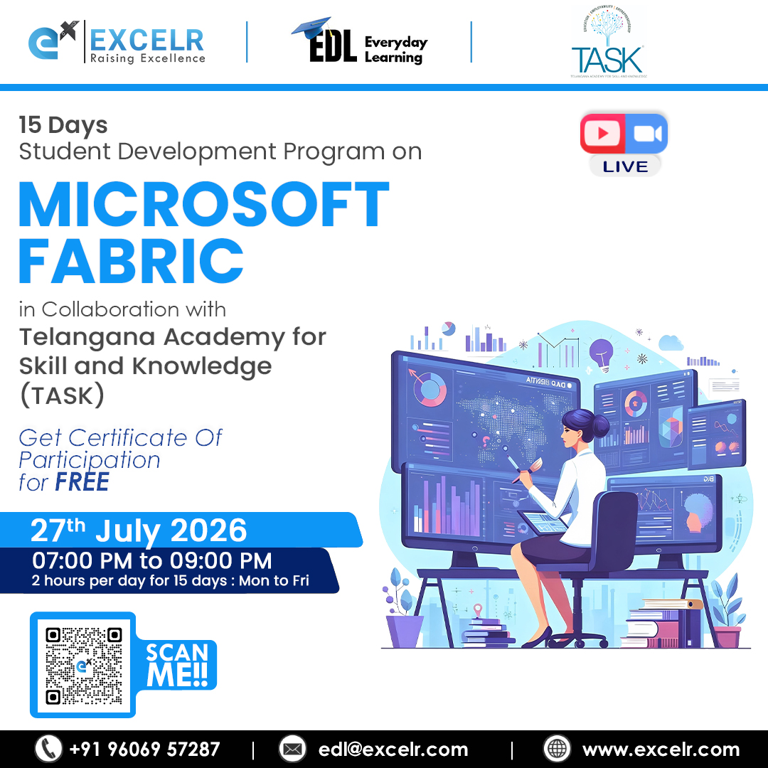 tasktg's tweet photo. Upskill with Microsoft Fabric! Join the 15-Day Student Development Program by TASK, in collaboration with ExcelR &amp; EDL, starting 27th July 2026. Register now! #TASK #MicrosoftFabric #SkillDevelopment #FutureSkills https://t.co/GYQbrO3K7x