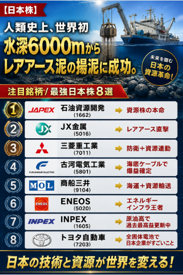 yjoooom__'s tweet photo. 【日本株】 人類史上、世界初
水深6000mからレアアース泥の揚泥に成功。
注目銘柄 / 最強日本株8選
第1位：石油資源開発（1662）→ 資源株の本命 https://t.co/WmdzdmTXaj