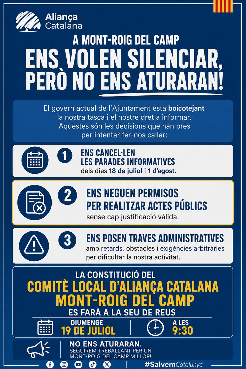 eduplanesac's tweet photo. Ens volien silenciar. Ens han cancel·lat actes, ens han posat traves i han intentat impedir que la nostra veu arribés als carrers. Però s'han equivocat. Cada obstacle ens fa més forts. Cada atac ens dona més motius per continuar.#SalvemCatalunya #AliançaCatalana https://t.co/TEdhYG26Ql