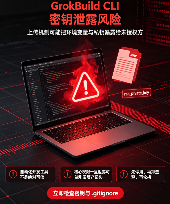 va7412's tweet photo. ⚠️ 慢雾预警：GrokBuild CLI漏洞
上传机制或泄露 .env 与 RSA 私钥！
💡 自动化开发工具正成安全盲区，盲目信任CLI极易导致核心权限“裸奔”，引发灾难性盗币。
🛡️ 建议：立即停用排查，完善 .gitignore，紧急轮换所有密钥！警惕工具链投毒。
#慢雾 #Web3安全 #网络安全 https://t.co/V5jr8McFgb