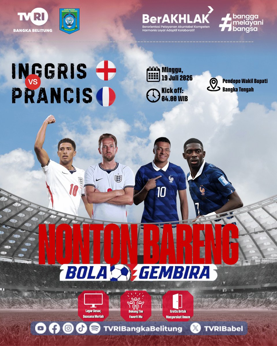TVRIBabel's tweet photo. Ayo ramaikan Pendopo Wakil Bupati Bangka Tengah, ada nonton bareng pertandingan Inggris vs Prancis.

#TVRI #BolaGembira #Inggris #Prancis https://t.co/Q9vKNFHEdr