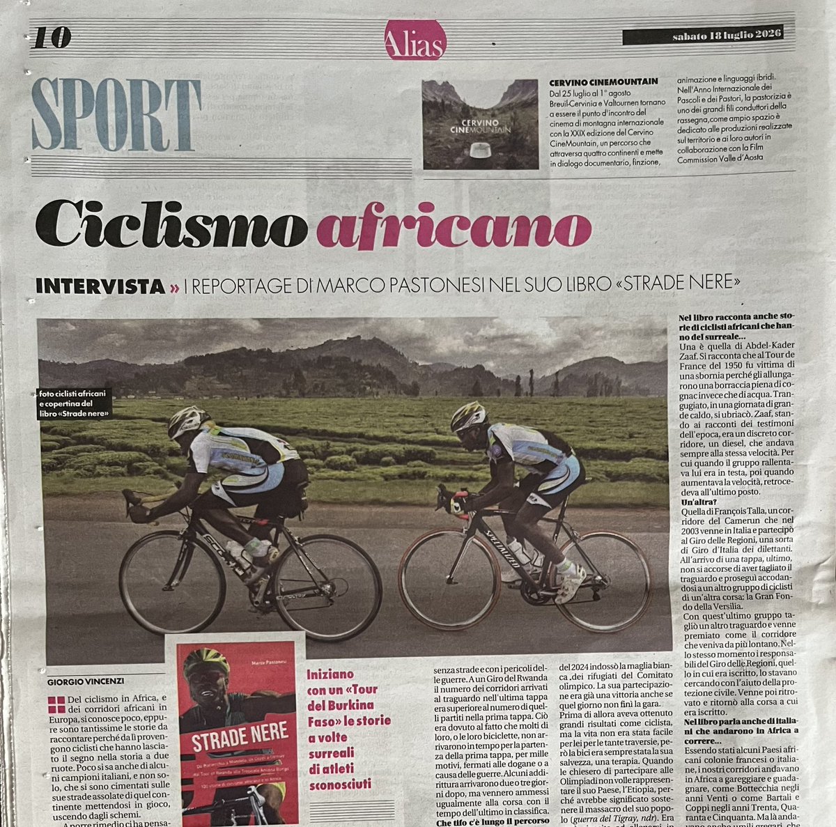 vin_giorgio's tweet photo. Oggi su #Alias de @ilmanifesto intervisto Marco Pastonesi grande esperto di ciclismo africano partendo dal suo libro “Strade nere” @edicicloeditore https://t.co/FheLSJQr1p
