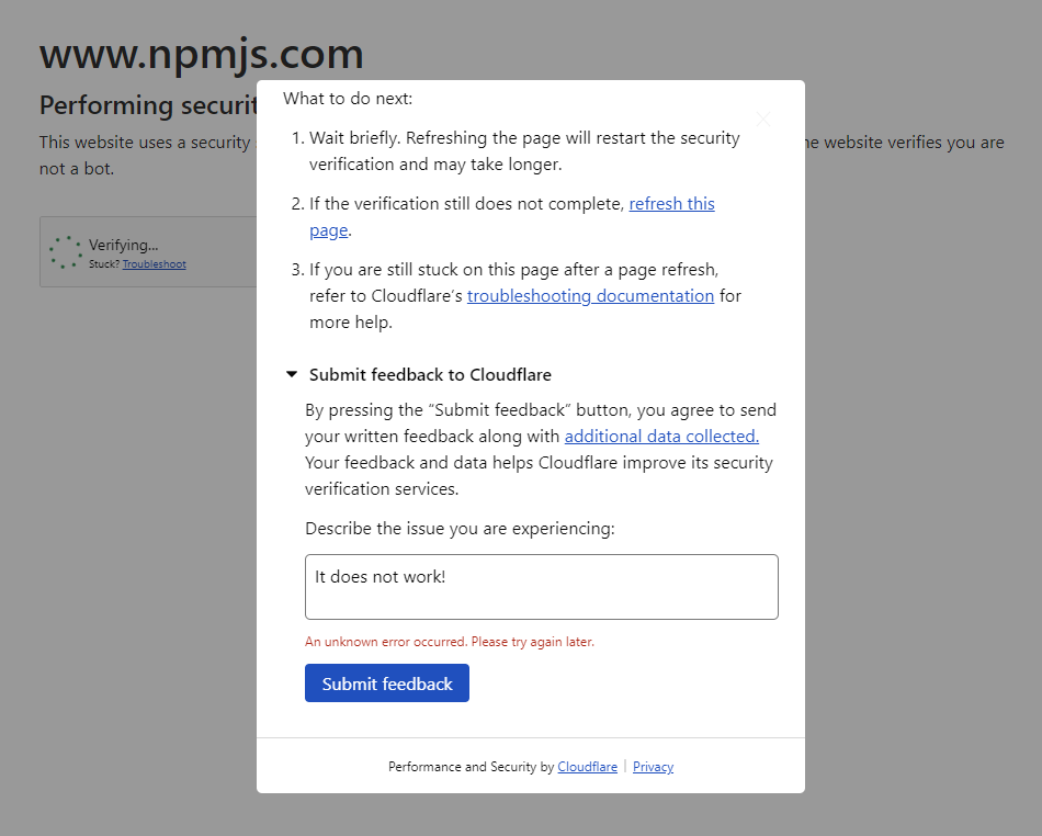 AlterRion's tweet photo. @Cloudflare Your captcha's "Submit feedback to Cloudflare" does not work! https://t.co/ECHKvmf8k6