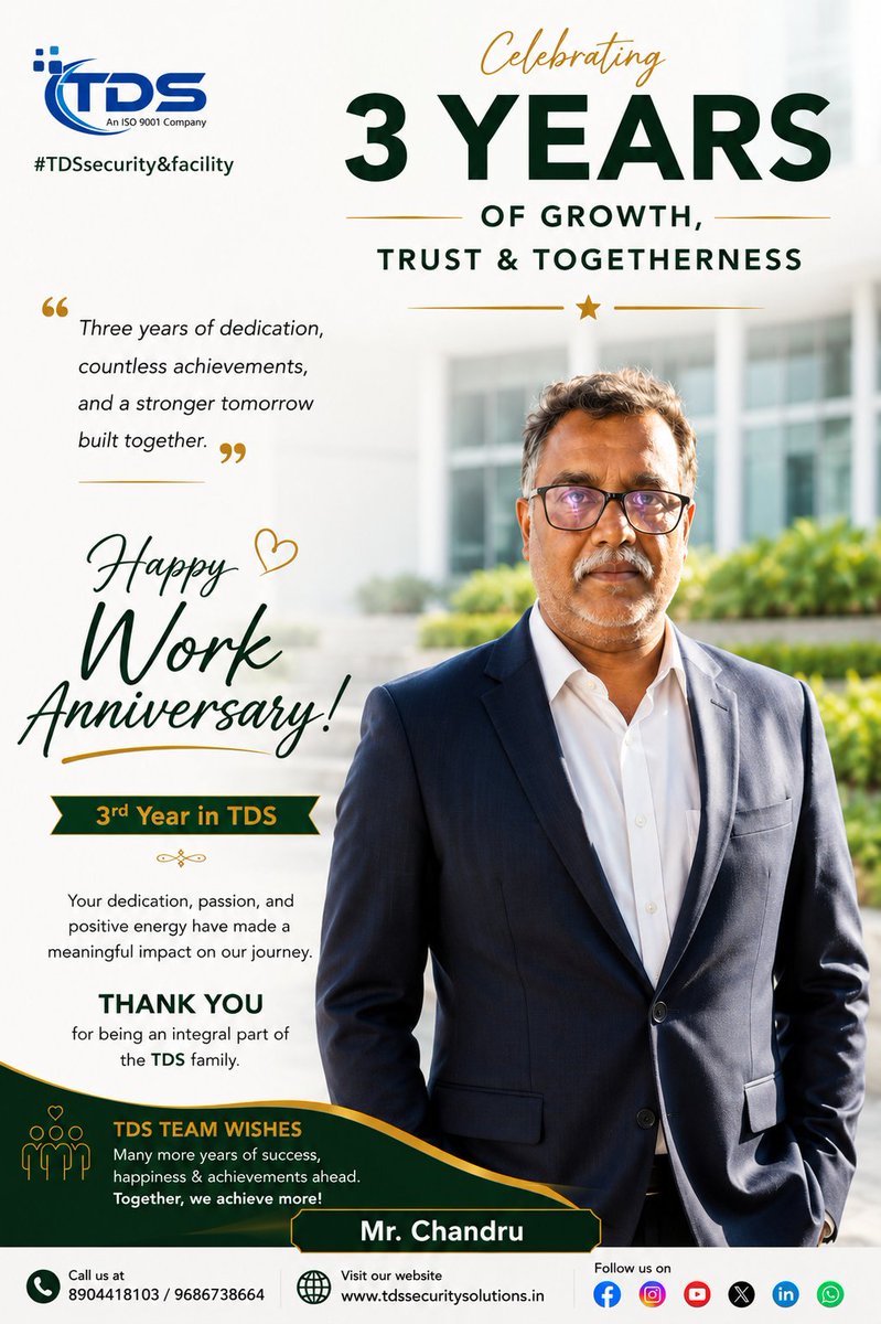 Tds_Fm's tweet photo. 🎉 Celebrating an incredible milestone! Congratulations to Mr. Chandru on completing 3 successful years with TDS. Your dedication, professionalism, and commitment have been instrumental in our journey. Wishing you many more years of growth, success, and achievements with the TDS. https://t.co/zUei0MhLfl